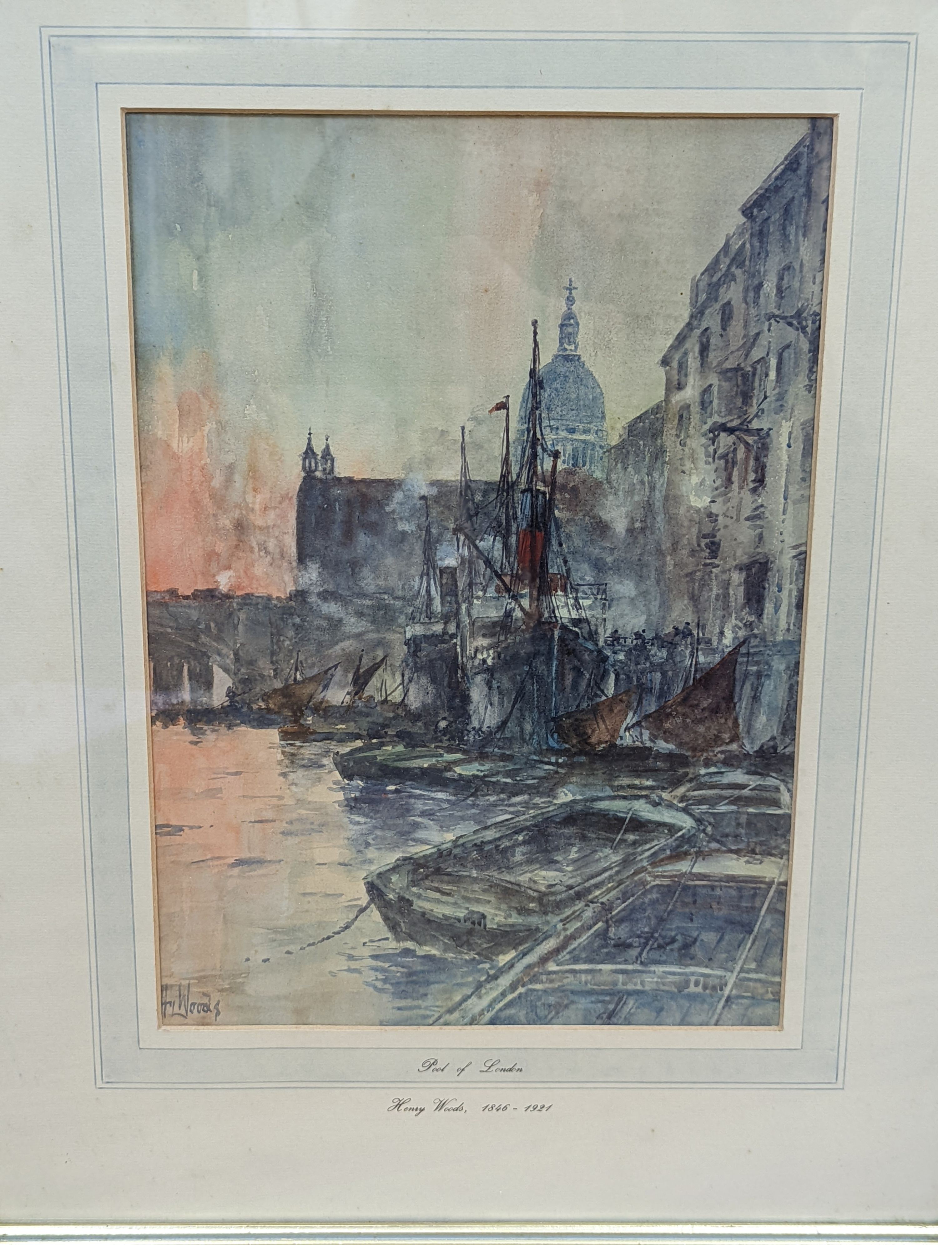 Henry Woods (1846-1921), two watercolours, Pool of London and Figure on a lane, signed, 37 x 25cm